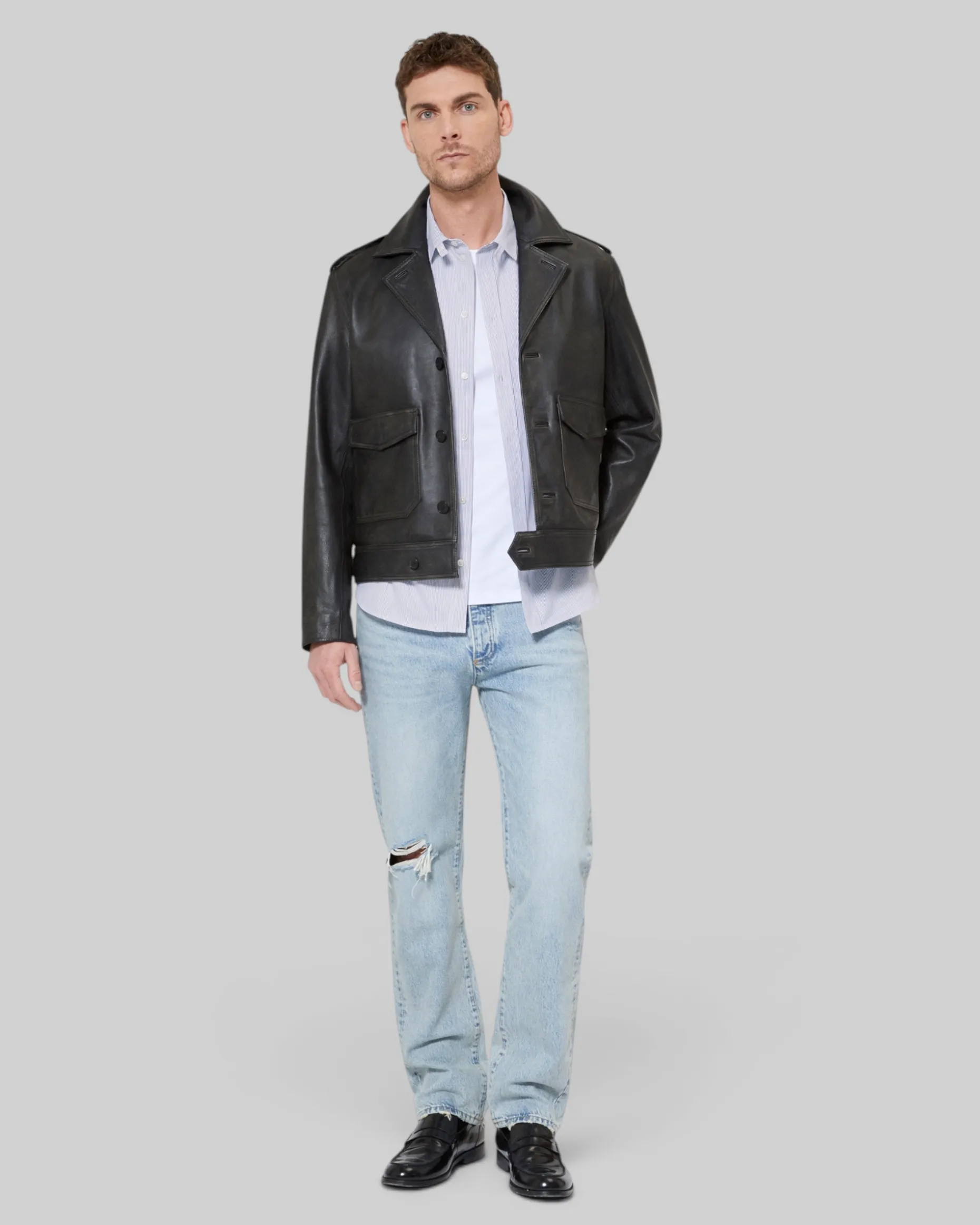Blouson boutonné en cuir noir