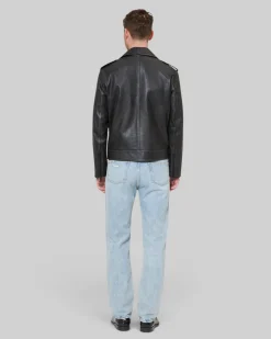 Blouson boutonné en cuir noir