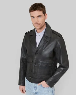 Blouson boutonné en cuir noir
