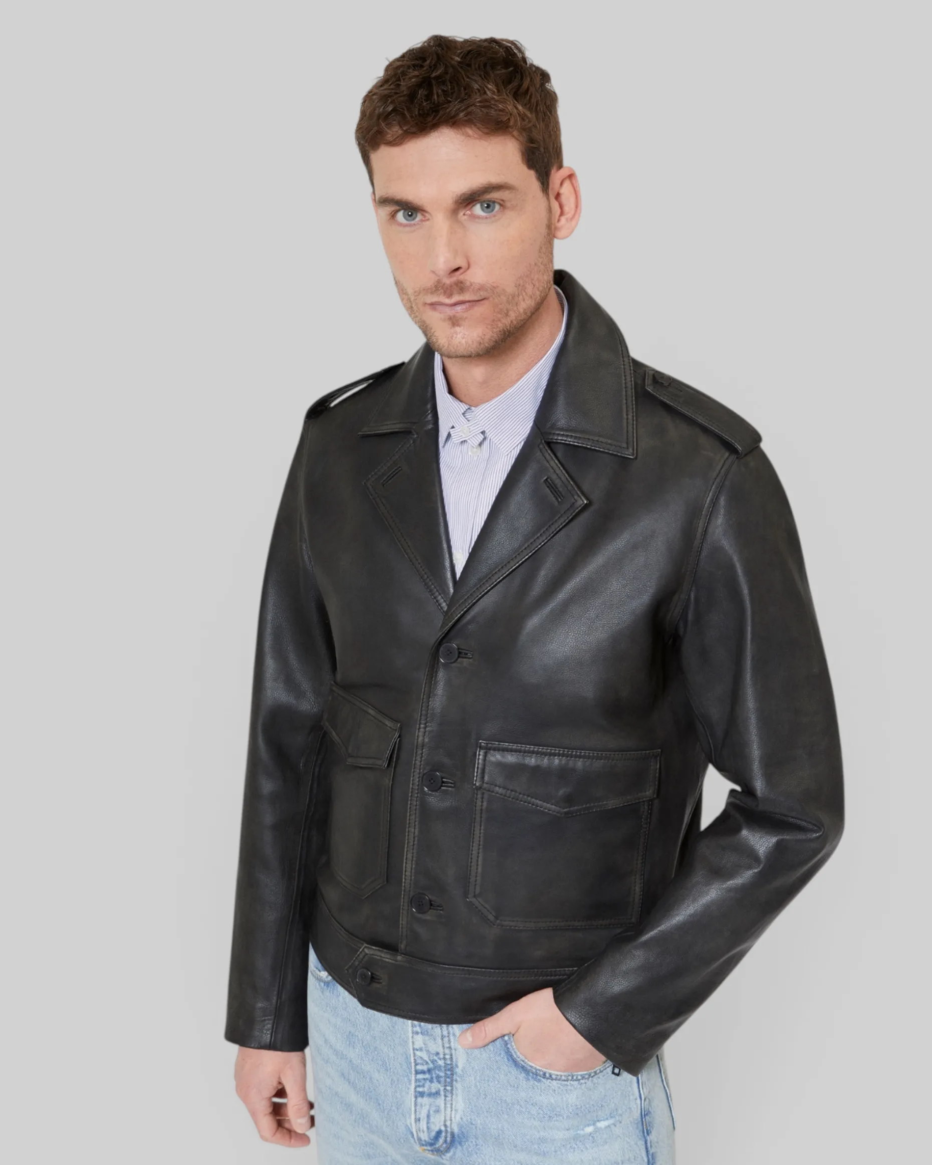 Blouson boutonné en cuir noir