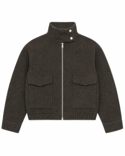 Blouson col montant en laine marron