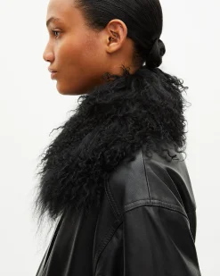 Blouson en cuir avec col fourrure amovible noir