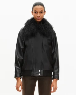 Blouson en cuir avec col fourrure amovible noir