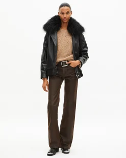 Blouson en cuir avec col fourrure amovible noir