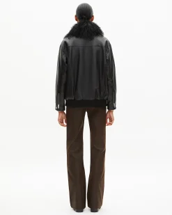 Blouson en cuir avec col fourrure amovible noir
