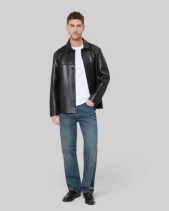 Blouson en cuir à boutons noir