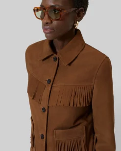 Blouson en cuir suède avec franges camel