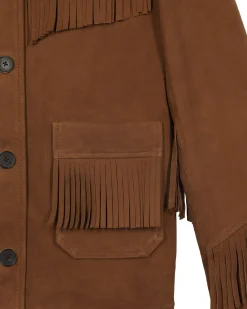 Blouson en cuir suède avec franges camel