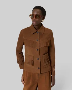 Blouson en cuir suède avec franges camel