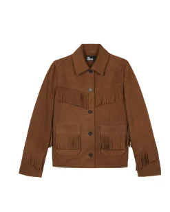 Blouson en cuir suède avec franges camel