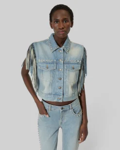 Blouson en denim avec franges et studs bleu
