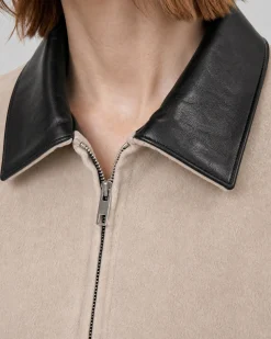 Blouson en laine double face col cuir beige