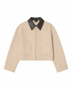 Blouson en laine double face col cuir beige