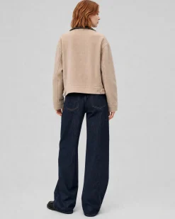 Blouson en laine double face col cuir beige