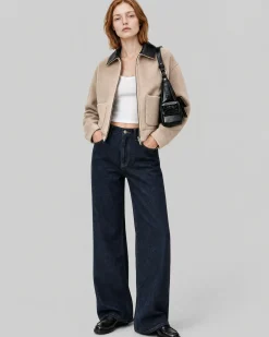 Blouson en laine double face col cuir beige