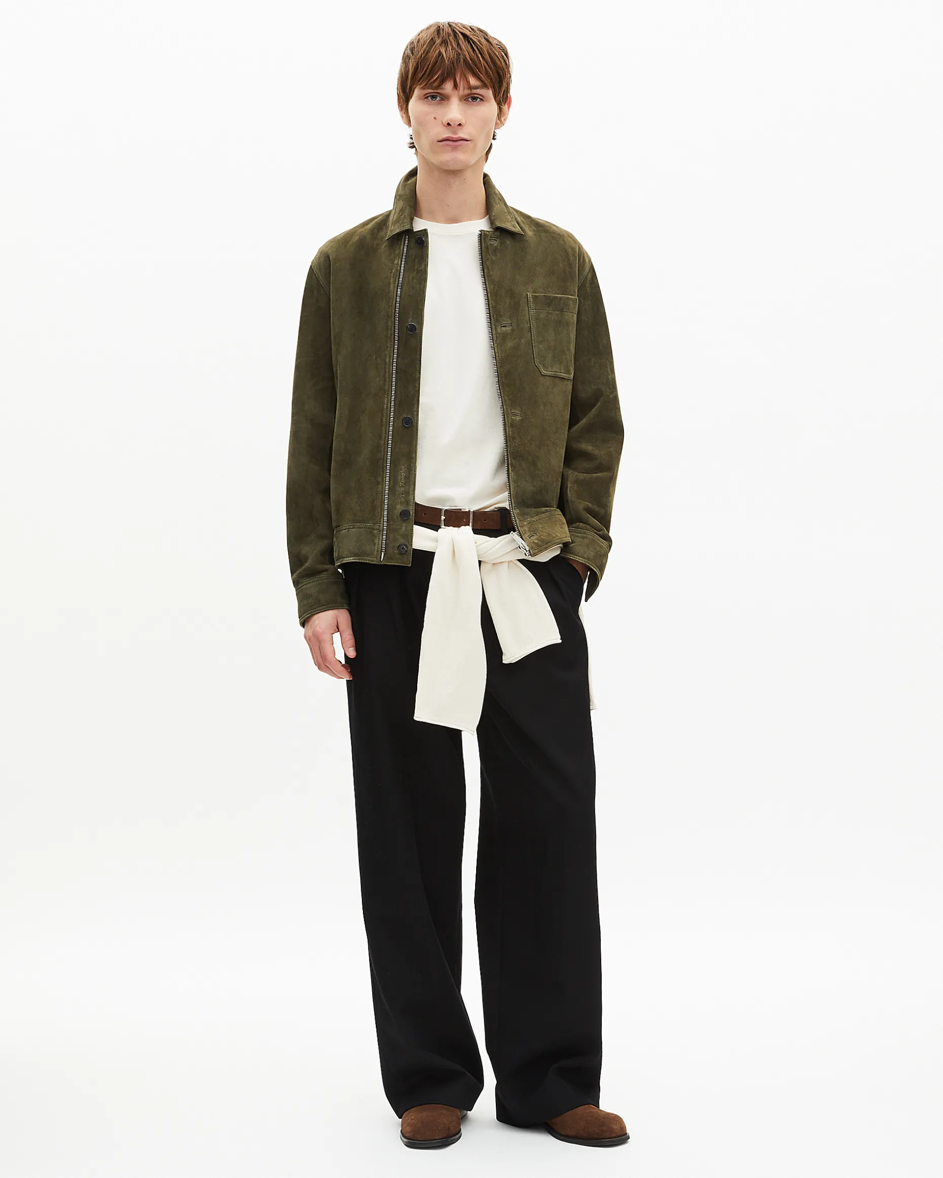 Blouson en suède à zip décalé kaki