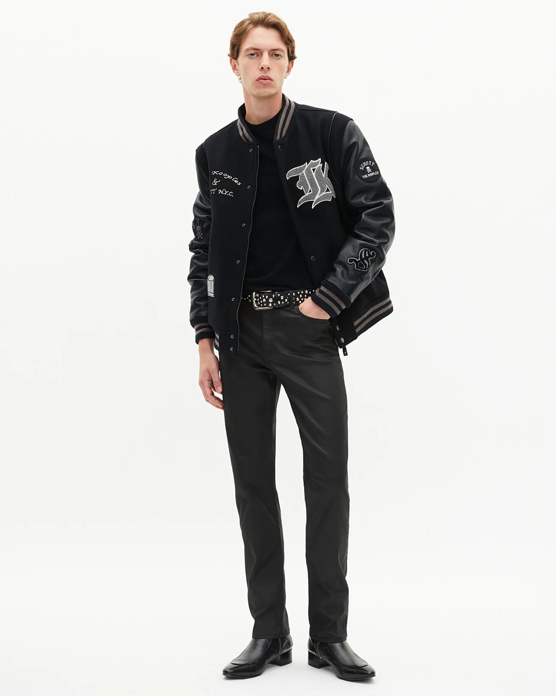 Blouson varsity en cuir noir The Kooples x SCHOTT NYC