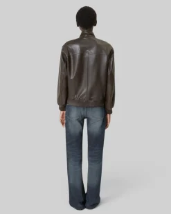 Blouson zippé en cuir marron