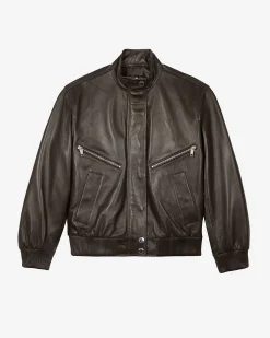 Blouson zippé en cuir marron