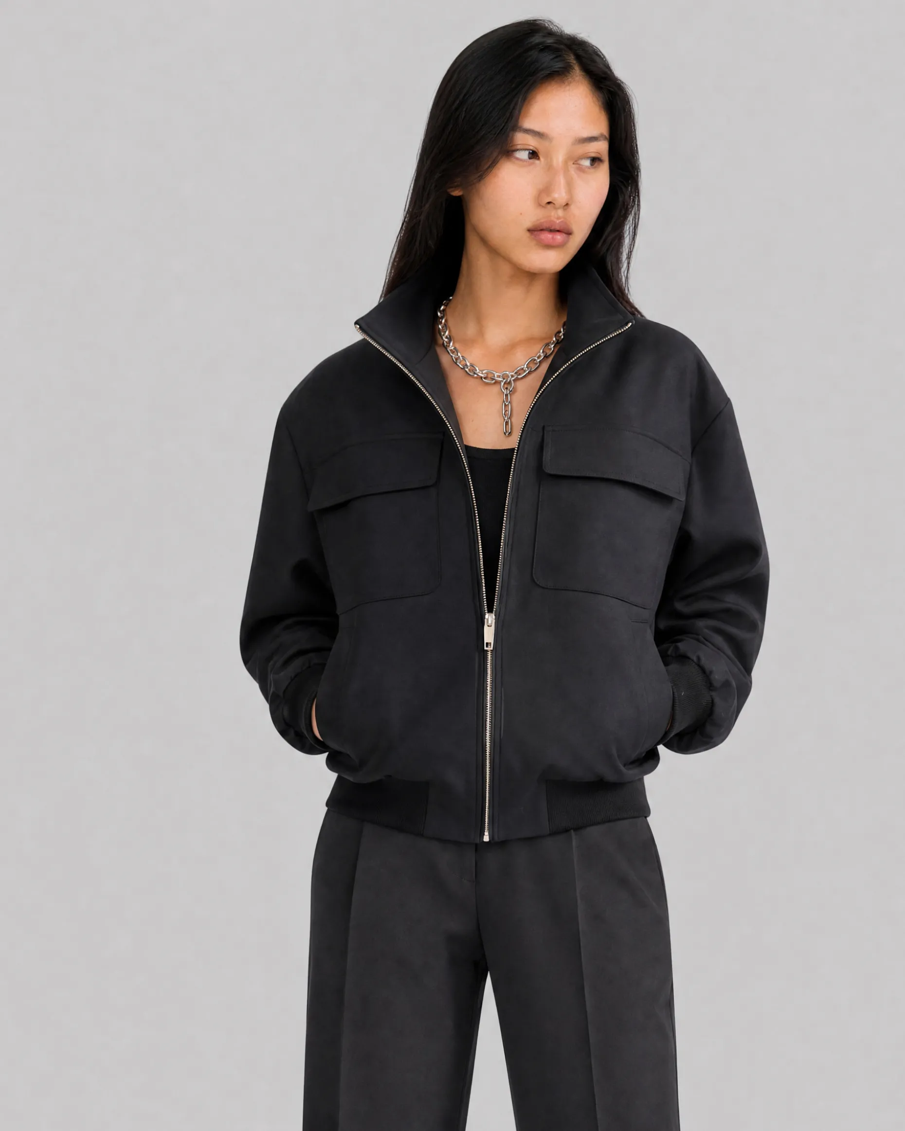 Blouson zippé en laine mélangée noir