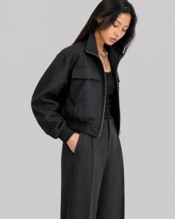 Blouson zippé en laine mélangée noir