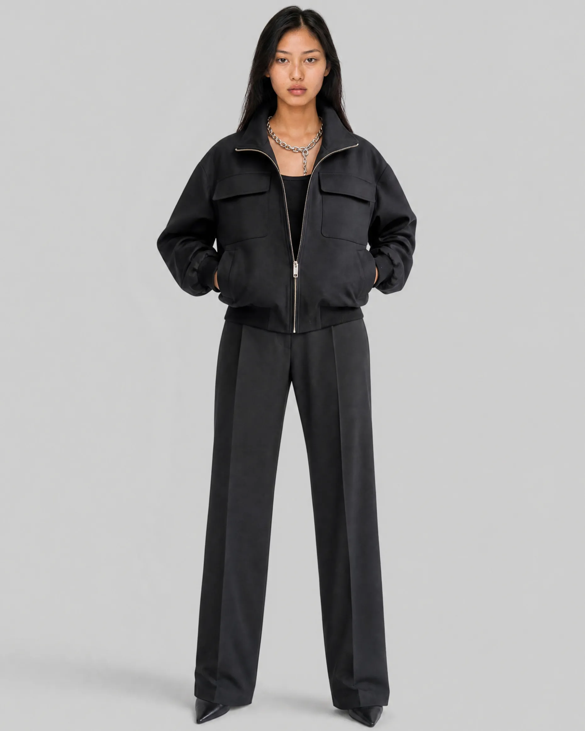 Blouson zippé en laine mélangée noir