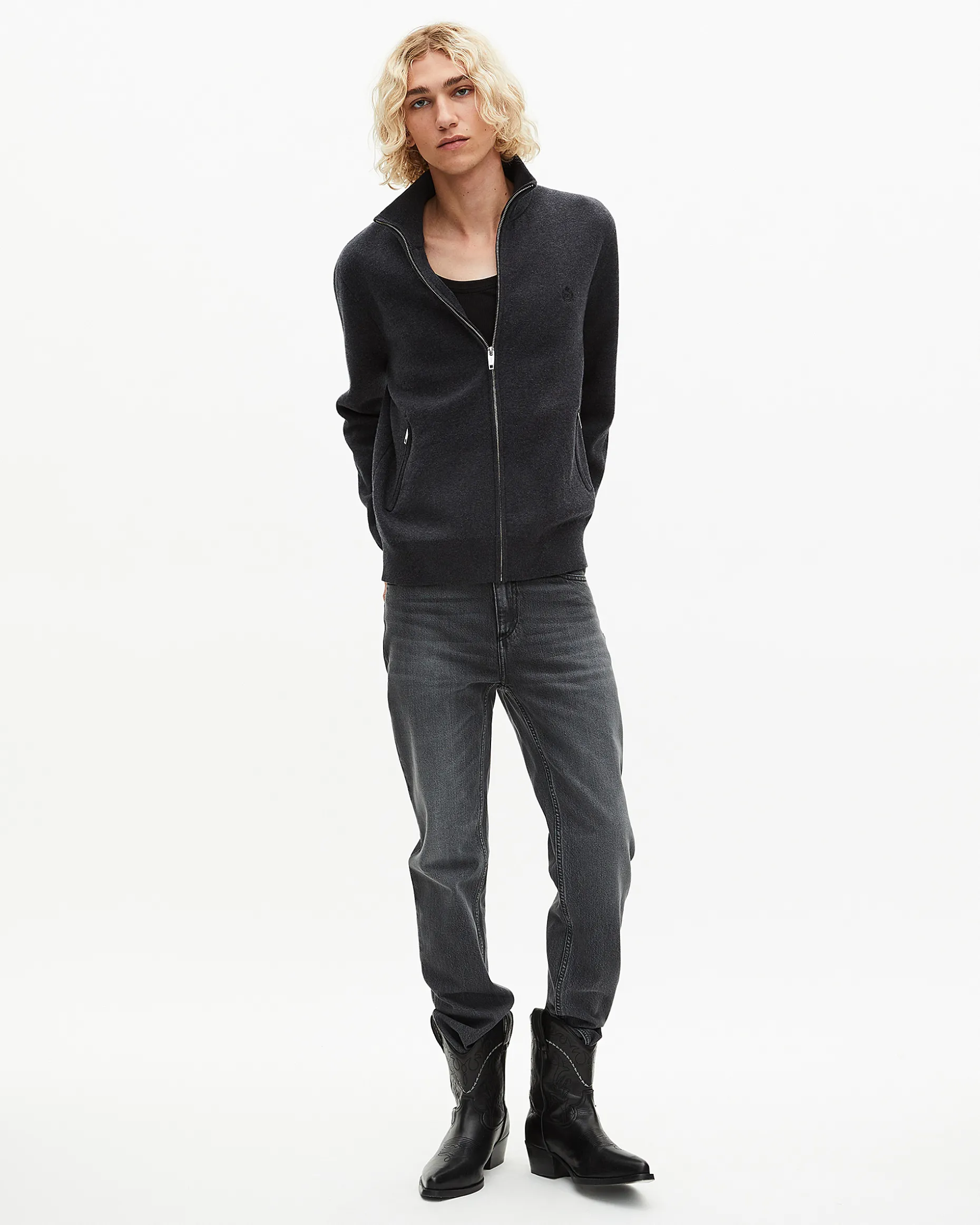 Cardigan en laine double face à zip gris