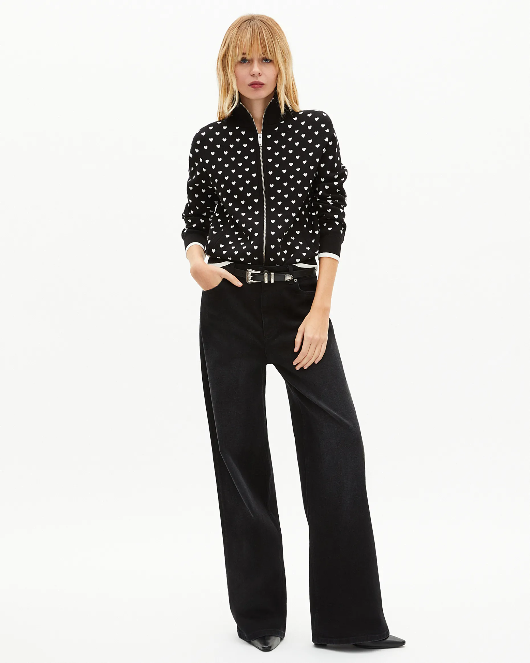 Cardigan zippé imprimé cœurs noir