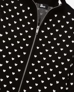 Cardigan zippé imprimé cœurs noir