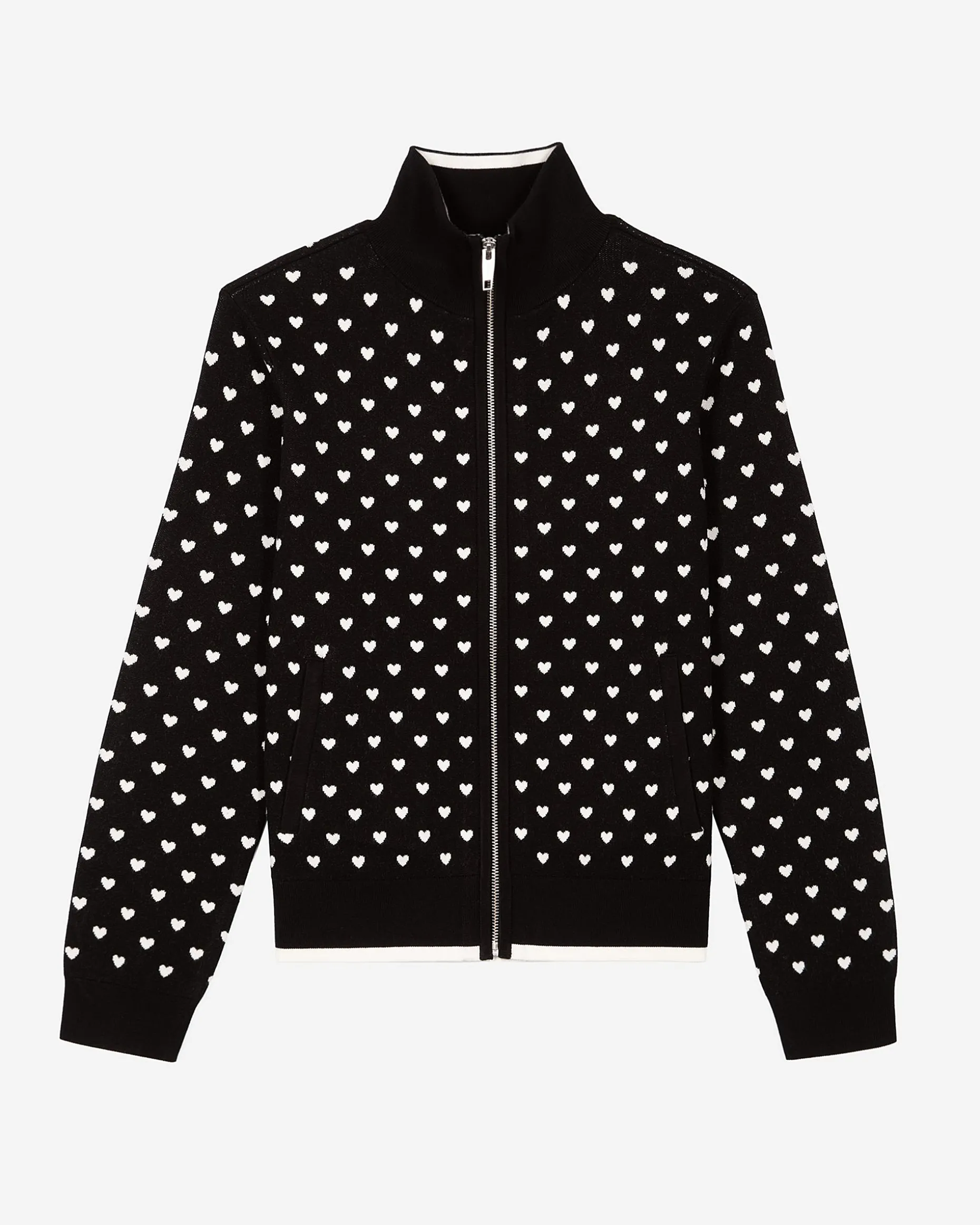 Cardigan zippé imprimé cœurs noir