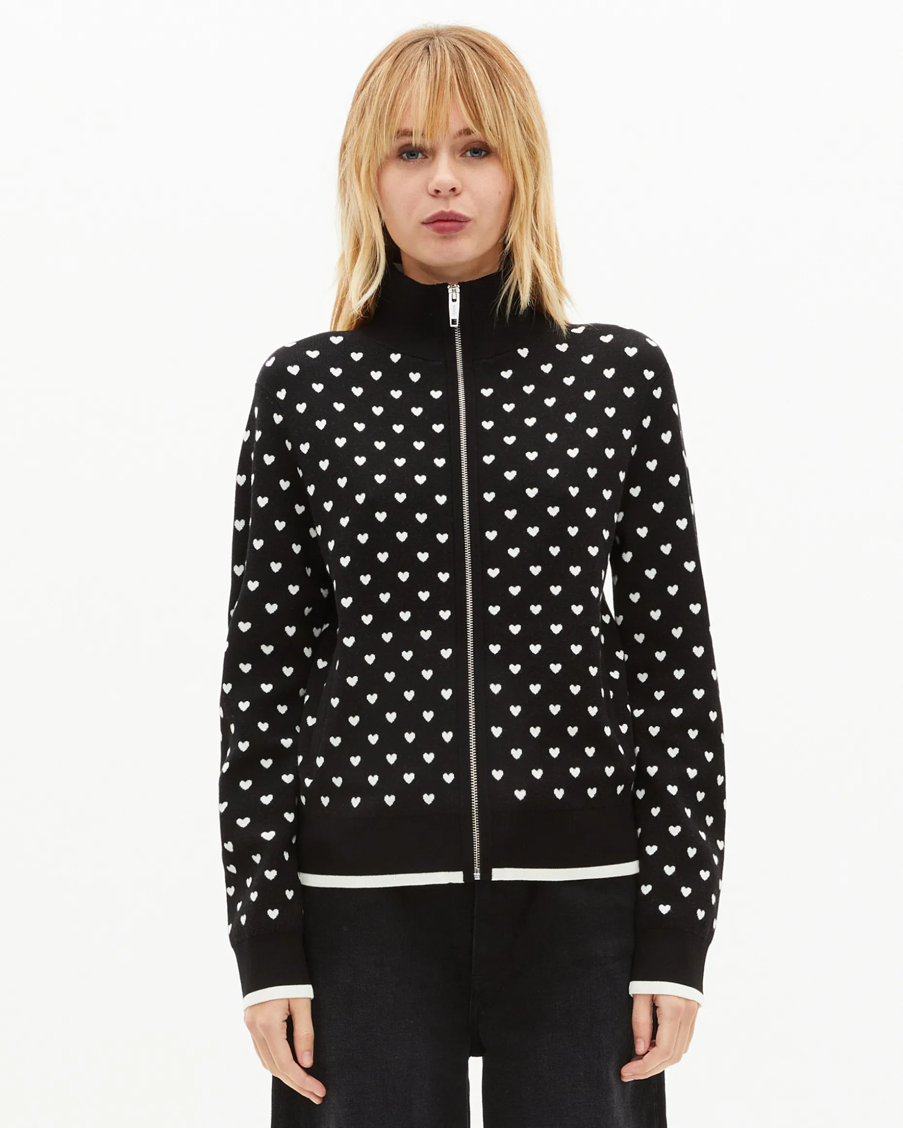 Cardigan zippé imprimé cœurs noir