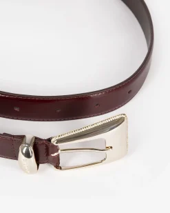 Ceinture boucle western dorée en cuir bordeaux