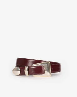 Ceinture boucle western dorée en cuir bordeaux