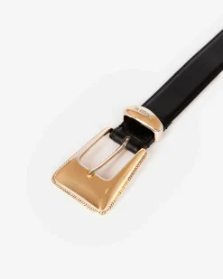 Ceinture boucle western dorée en cuir noire
