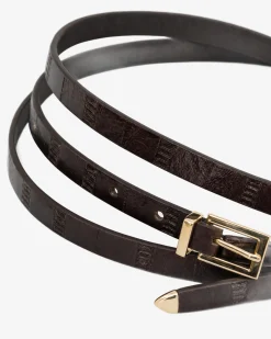 Ceinture fine en cuir effet anguille marron
