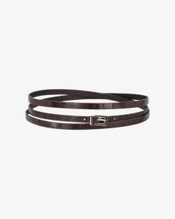 Ceinture fine en cuir effet anguille marron