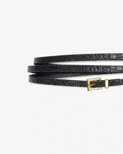 Ceinture fine en cuir effet croco noire