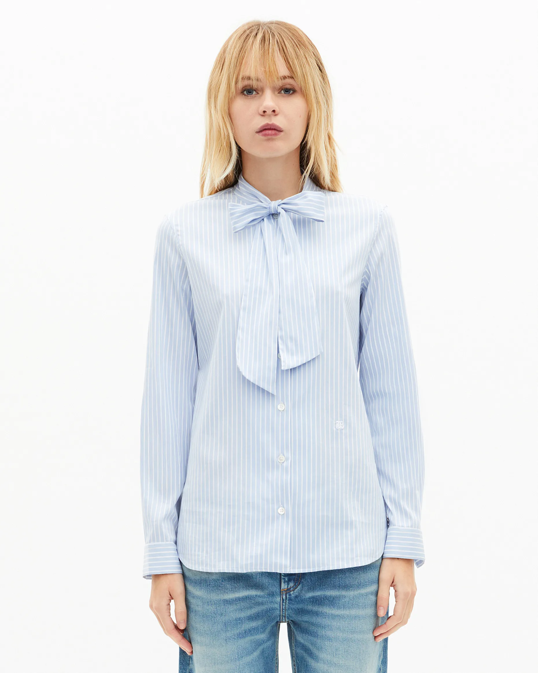 Chemise col lavallière en coton mélangé rayée bleue