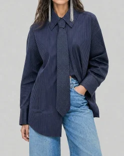 Chemise en coton rayée avec cravate amovible marine