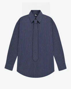 Chemise en coton rayée avec cravate amovible marine