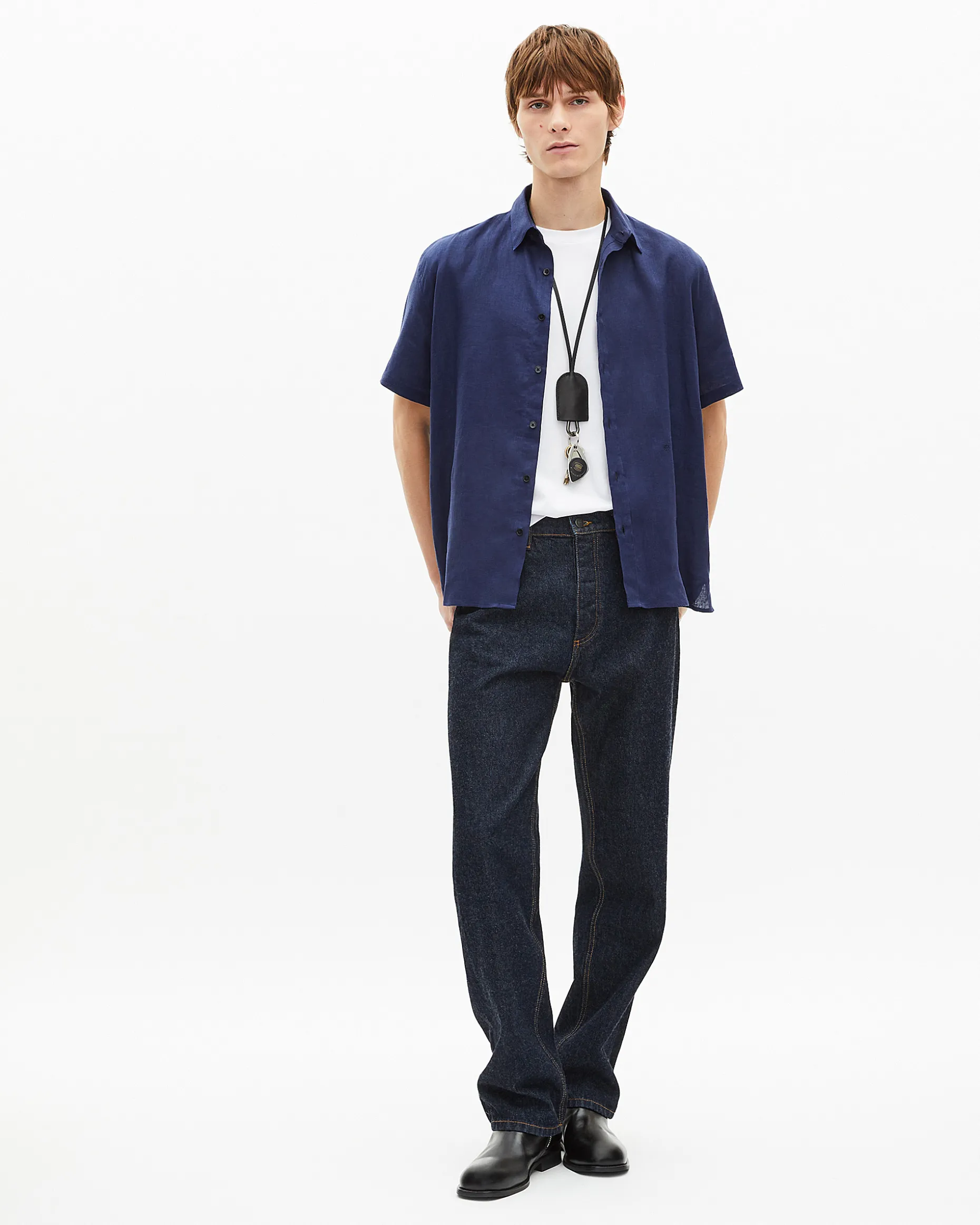 Chemise manches courtes en lin marine