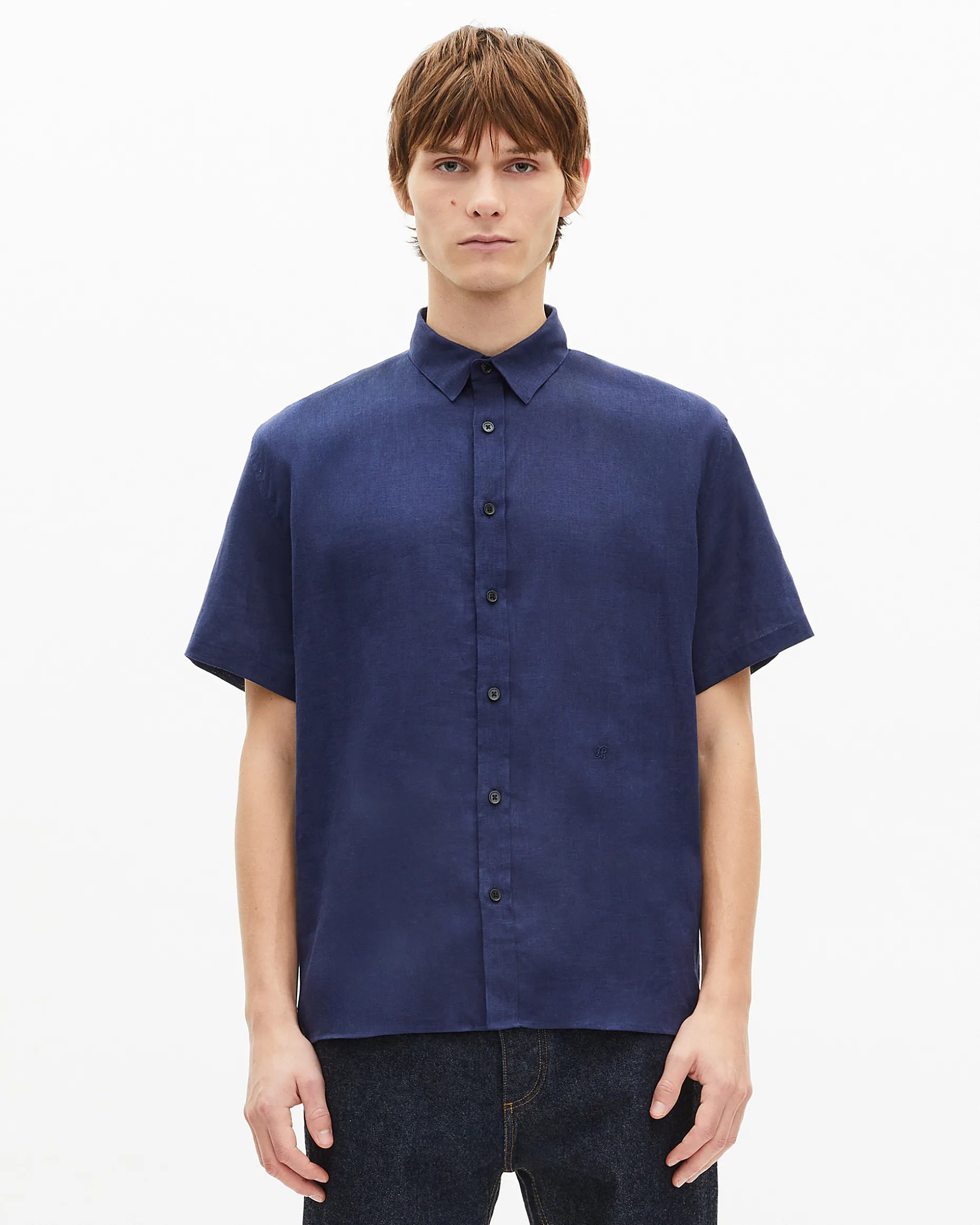 Chemise manches courtes en lin marine