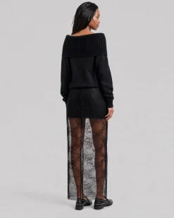 Jupe midi en dentelle avec strass noire
