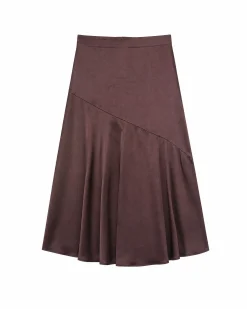 Jupe midi en satin avec chaîne dorée marron