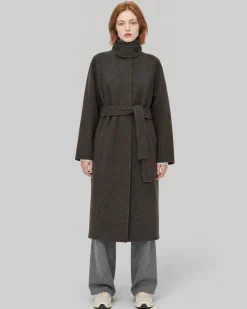 Manteau col montant en laine mélangée marron