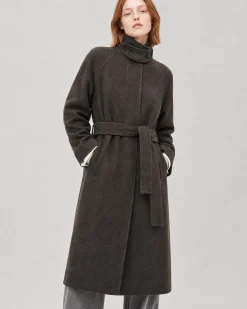 Manteau col montant en laine mélangée marron