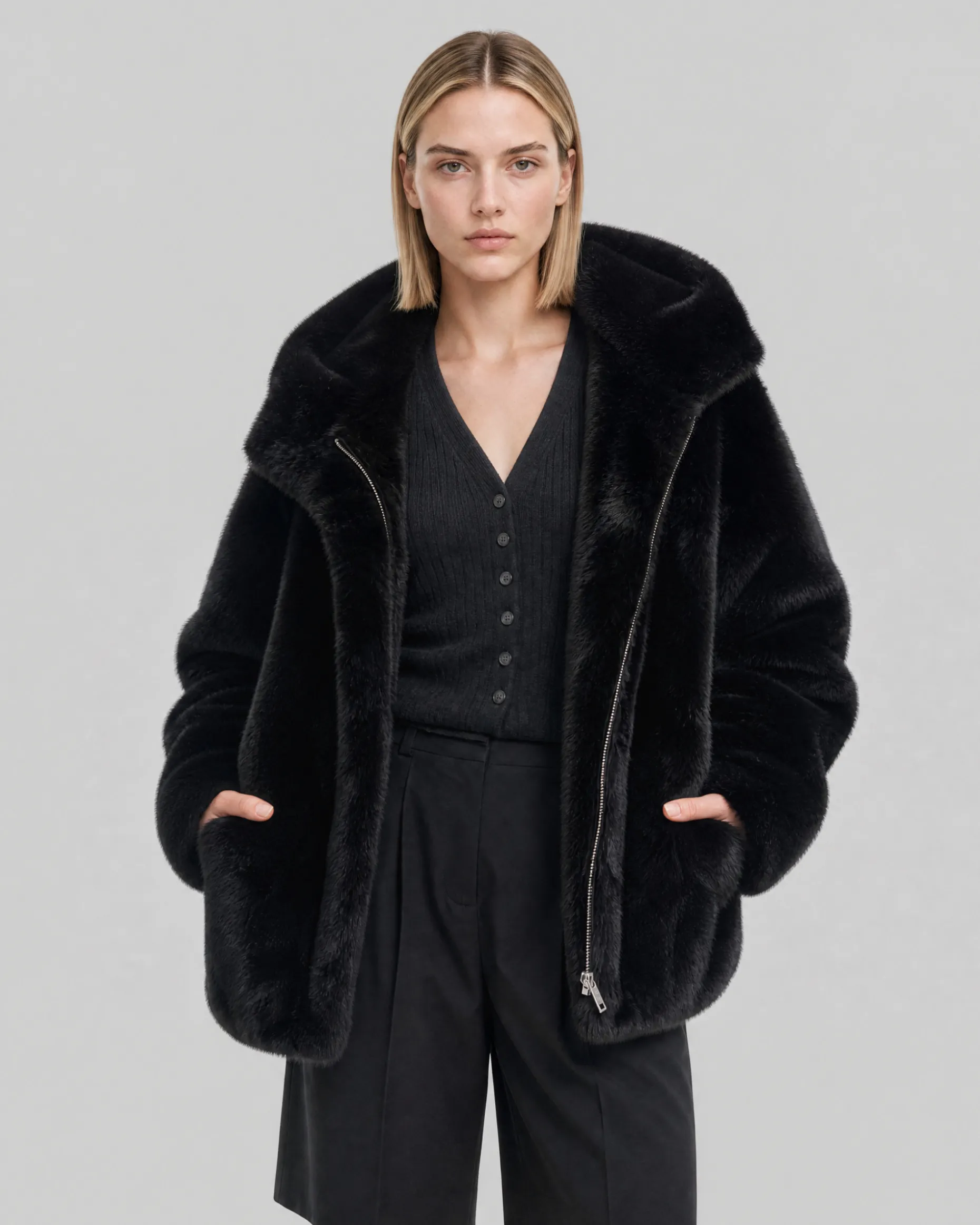 Manteau en fausse fourrure à capuche noir