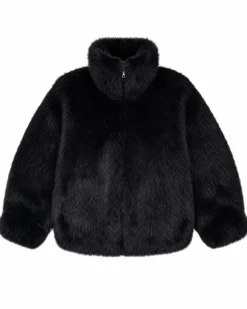 Manteau en fausse fourrure col montant noir
