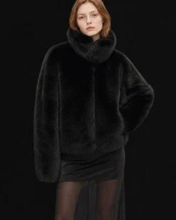Manteau en fausse fourrure col montant noir