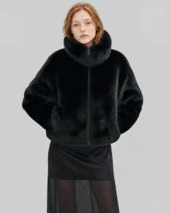 Manteau en fausse fourrure col montant noir